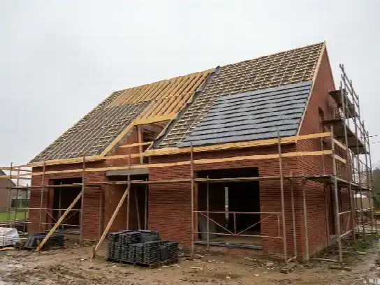 Maison neuve en cours de mise hors d'eau avec des tuiles anthracite